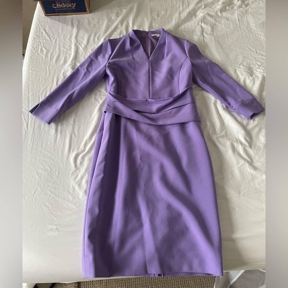 NWT Etcetera Purple Long Sleeve Sheath Dress V-Neck paneling structure